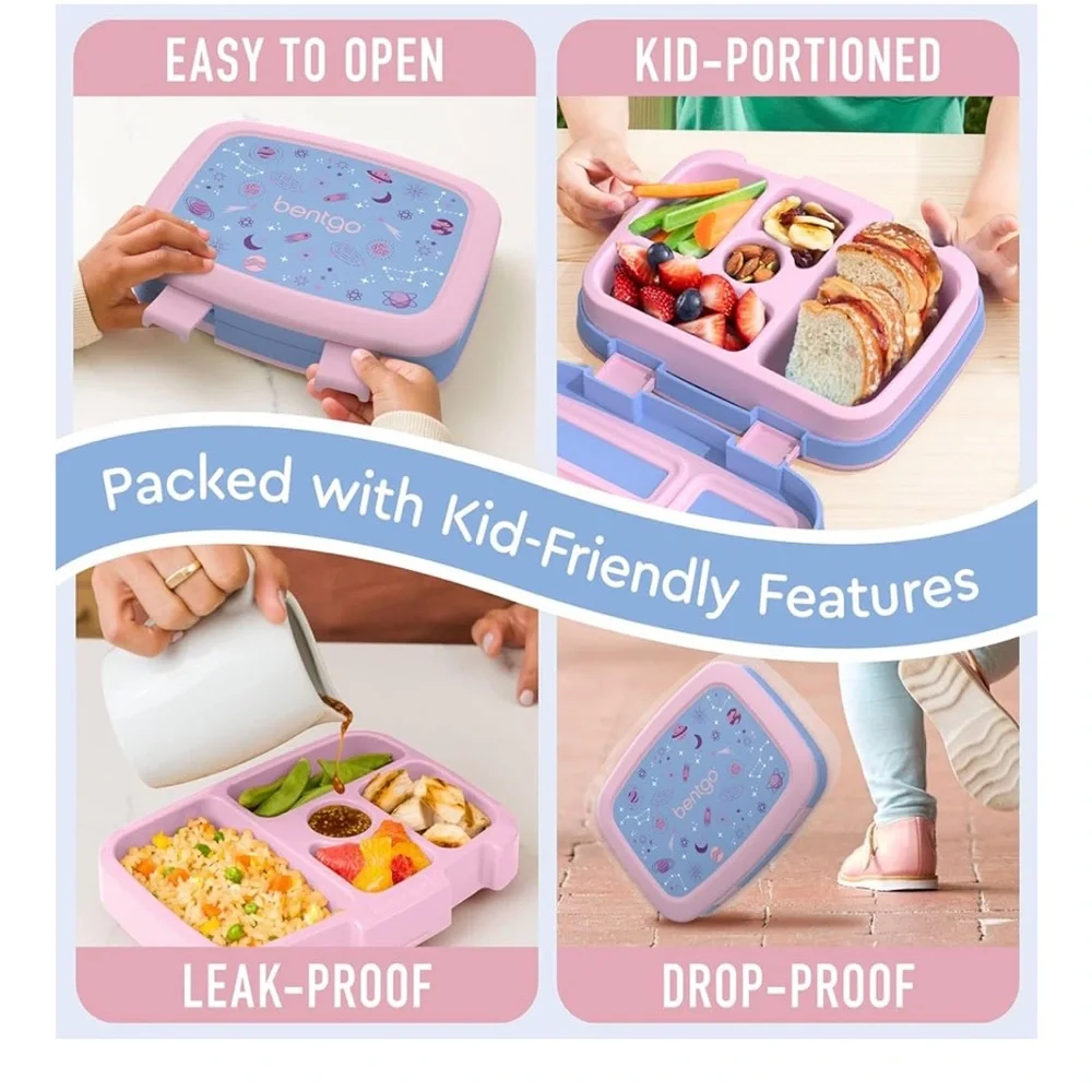 Bentgo Kids 5 Compartment Bento Lunch Box Leakproof Lavender Galaxy Pink Blue
